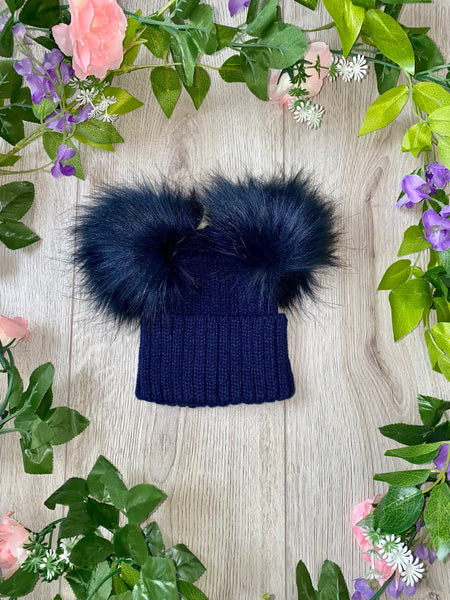 Faux Fur Double Pom Pom Knitted Hat