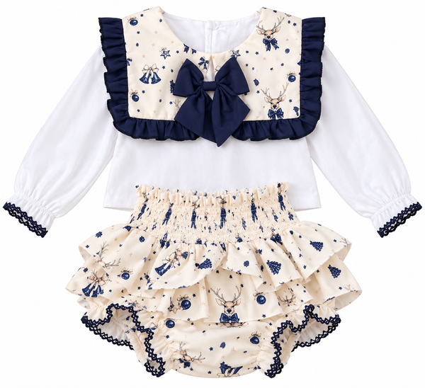 Girls Christmas Reindeer Bow Ruffle Bloomer Set - Exclusive