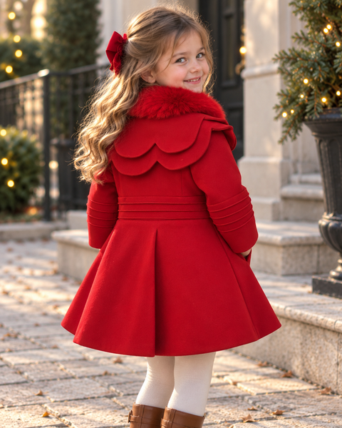 Girls Luxury Red Faux Fur Collar Coat – Elegant Princess Winter Coat