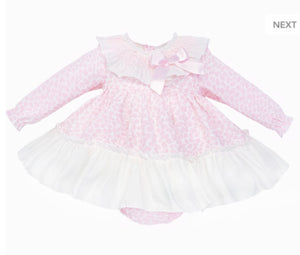 Baby Girls luxury flare dress  Smocked Collar with ribbon  with Bloomers