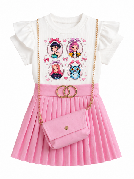 K-Pop Pink Pleated Skirt, Graphic Top & Mini Bag Set for Girls