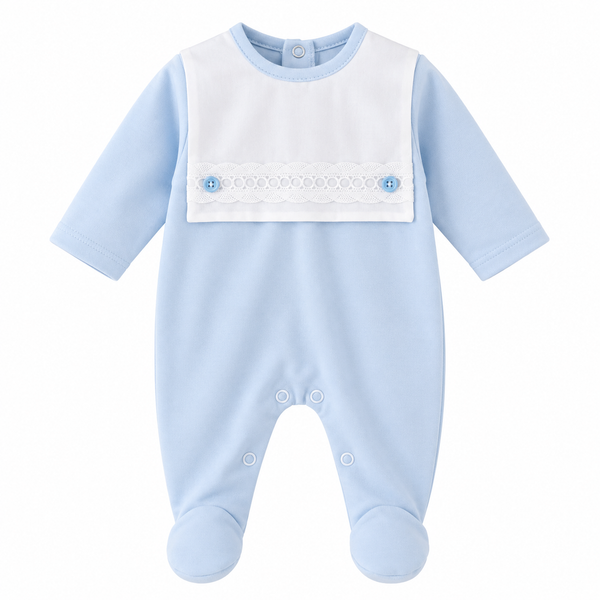 Baby Boys Blue & White Lace Detail All-in-One Babygrow