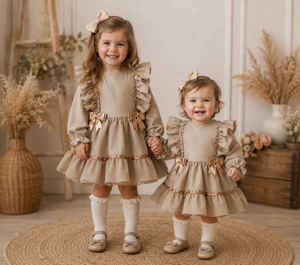 Amelia Ruffle & Bow Girls Dress – Champagne Beige