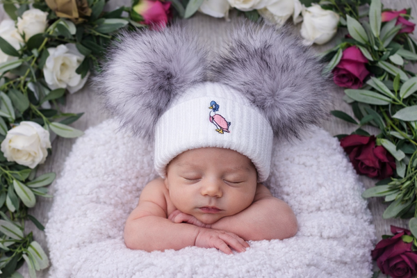 Jemima Puddleduck luxury  faux Fur Double  pom Hat - white/Grey