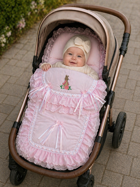 Luxury Pink Frilly Baby Footmuff with Bunny Embroidery | Soft Pram Cosy & Newborn Nest | Universal Fit