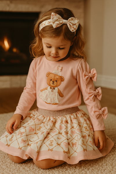 Teddy Bow Long Sleeve Top and Skirt Set  – Pink & Cream