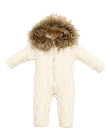 Cozy Knit Baby Onesie with Faux Fur Hood – Winter White