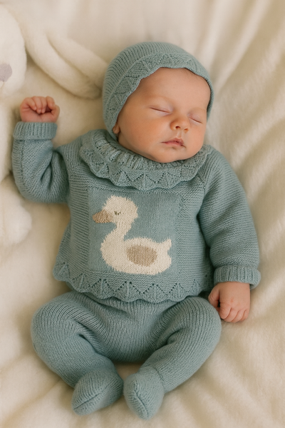 Knitted Baby 3 pcs Pram Set with Collar - Duck