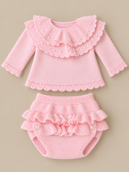 Baby Girls Pink Frilly Knitted 2 Piece Set – Ruffle Collar Jumper & Bloomers
