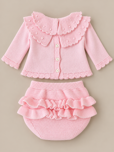 Baby Girls Pink Frilly Knitted 2 Piece Set – Ruffle Collar Jumper & Bloomers