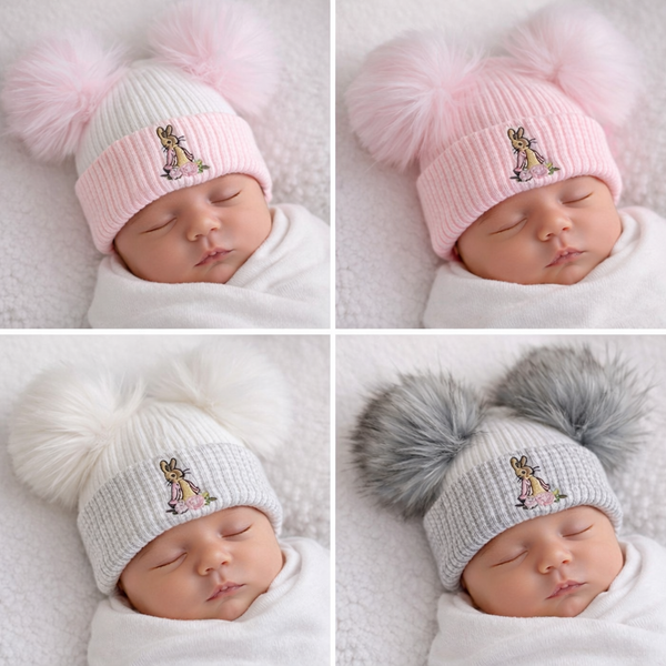 Beatrix potter  first size Flopsy Bunny Double Pom luxury Faux  fur  Hat - Pink/pink trim
