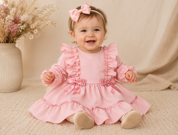 Rosie Blush Pink Ruffle & Bow Baby Girls Dress