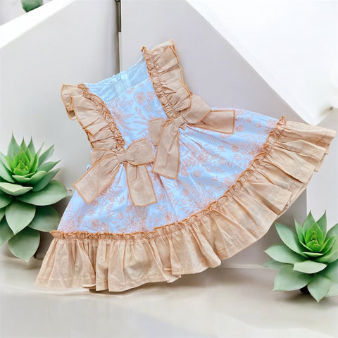 Frilly Girls Large Bow Dress - Beige