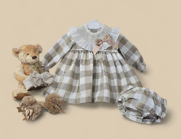 Baby Girl Camel Check Big Frilly Smocked Collar Dress with Pants