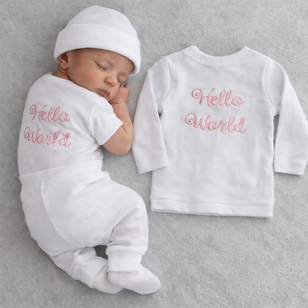 Hello World Newborn Outfit Set – White (4-Piece)
