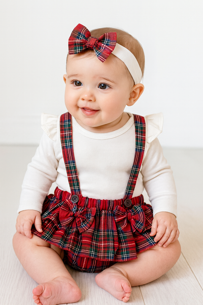 Baby Girl red tartan check Dungaree romper Outfit with Headband