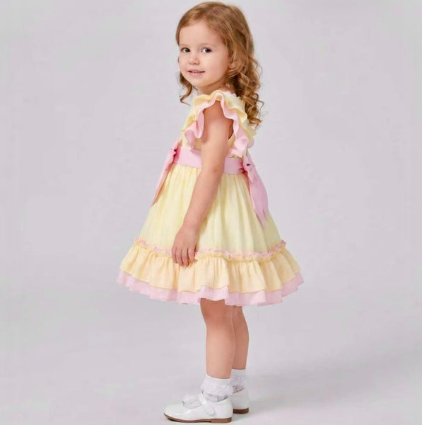 Wee Me Baby Girls Lemon & Pink Frill Dress with Bow Headband – Traditional Summer Party Dress