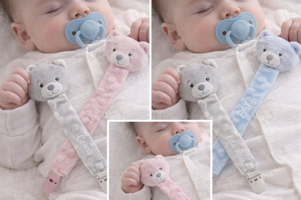 Cute teddy soft feel velour Dummy Clips - Personalised