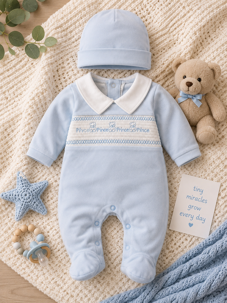 Tiny Chick Baby Blue Smocked Velour Sleepsuit with Hat – Premature / Tiny Baby Outfit