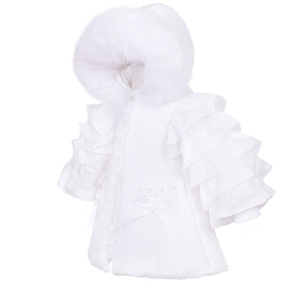 Wee Me Baby Girl Frill Sleeve White Puffer Coat with Faux Fur Hood large  fitting