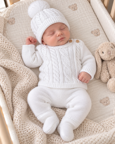 White Cable Knit 3 Piece Baby Outfit Set with Pom Pom Hat