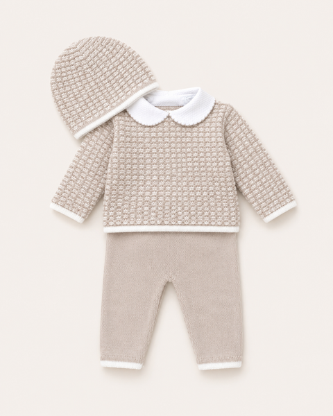 Little Beau 3-Piece Knitted Baby Set – Oatmeal & Ivory