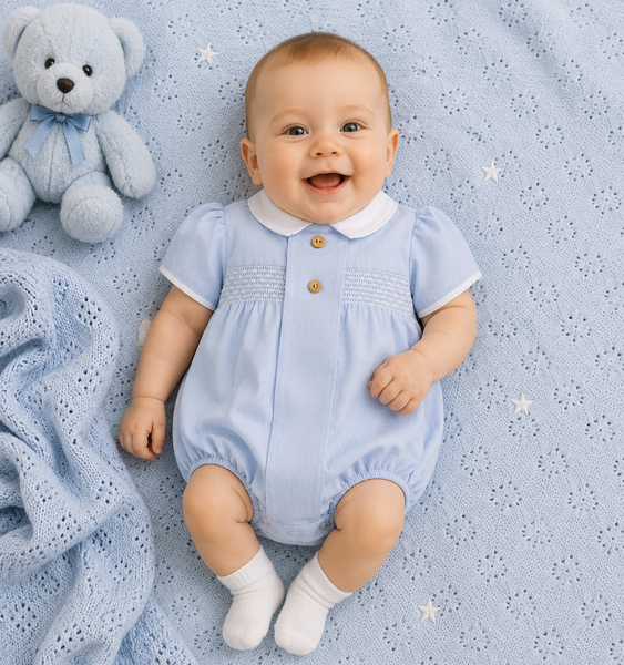 Baby Boys Powder Blue Smocked Romper – Traditional Peter Pan Collar Outfit