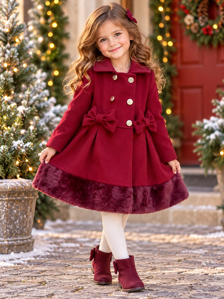 Girls Burgundy Red Faux Fur Trim Bow Winter Coat
