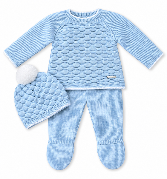 Baby Blue Honeycomb Knitted 3 Piece Baby Outfit with Pom Pom Hat