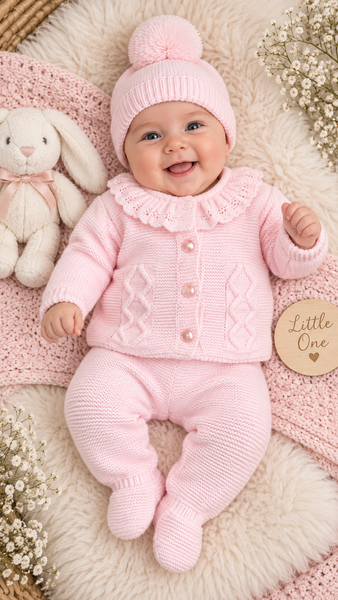 Baby Girls Pink Knitted 3 Piece Set – Cardigan, Footed Trousers & Pom Pom Hat