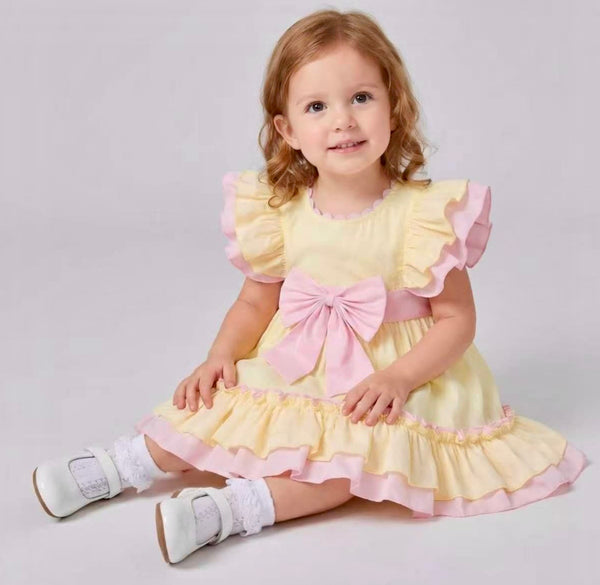 Wee Me Baby Girls Lemon & Pink Frill Dress with Bow Headband – Traditional Summer Party Dress