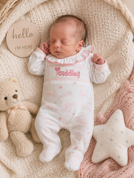 Premature Baby Girls Pink ‘Cuddles’ Smocked Sleepsuit – Tiny Baby