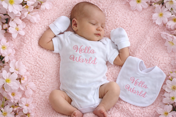 Hello World” Embroidered Vest, Hat & Mitts Set – Baby Girl Edition