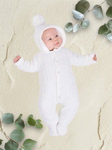 Dandelion Hooded Knitted all in one  Pramsuit - White