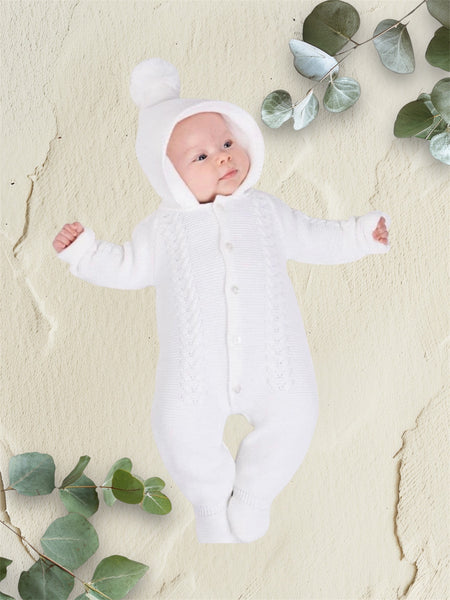 Dandelion Hooded Knitted all in one  Pramsuit - White