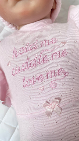 Baby Girls’ All-in-One Babygrow – “Hold Me, Cuddle Me, Love Me” (Premature Size Available)