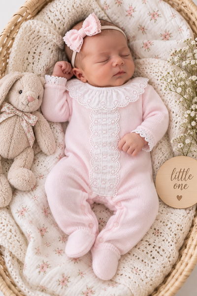 Baby Girls Pink Knitted Lace All-in-One Sleepsuit