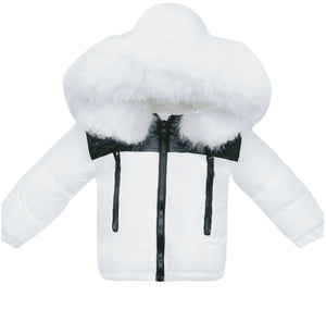 Wee Me Baby Boy White Puffer Coat with Faux Fur Hood big fitting