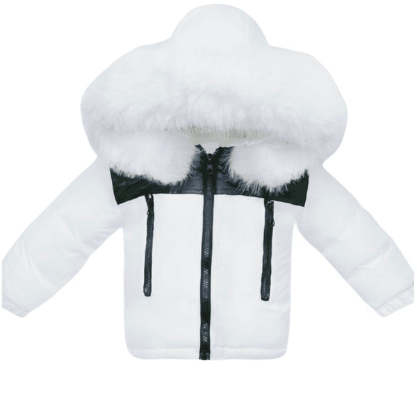 Wee Me Baby Boy White Puffer Coat with Faux Fur Hood big fitting