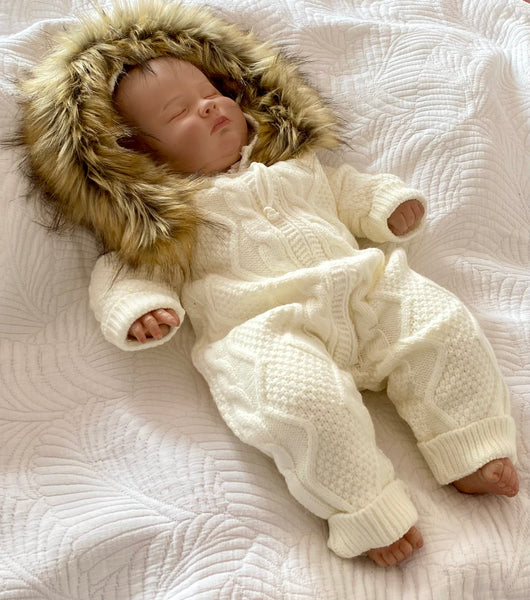 Cozy Knit Baby Onesie with Faux Fur Hood – Winter White