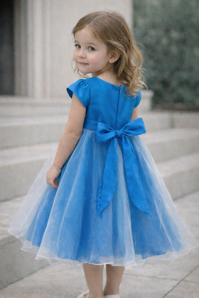 Princess Blue Satin & Tulle Girls Dress with Bow Back – Floral Detail