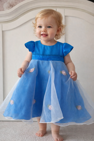 Princess Blue Satin & Tulle Girls Dress with Bow Back – Floral Detail