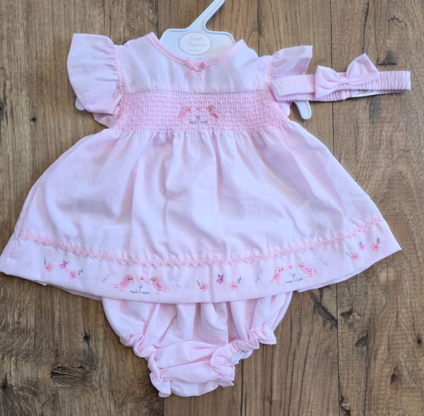 Baby Girl Pink Smocked Dress Set with Embroidered Detail & Matching Headband