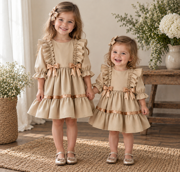 Amelia Ruffle & Bow Girls Dress – Champagne Beige