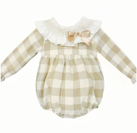 Wee Me Baby Girls Checked Romper with large Smocked  Collar  and bow