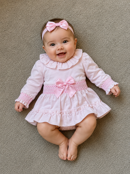 Baby Girls Pink Smocked Bow Frill Dress | Long Sleeve Cotton Dress