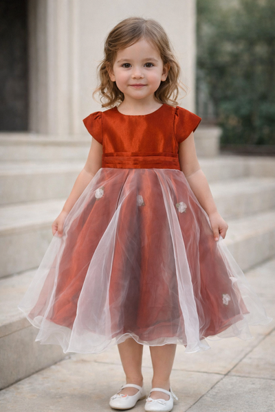 Elegant Satin & Tulle Girls Party Dress with Bow Back – Rust Red