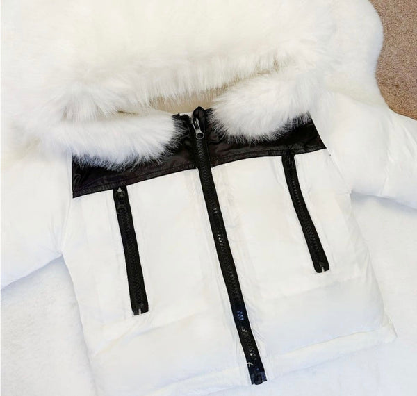 Wee Me Baby Boy White Puffer Coat with Faux Fur Hood big fitting