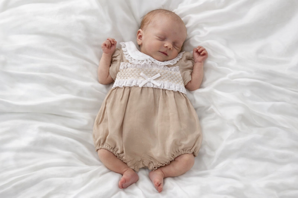 Baby Girls Linen Romper with Lace, Smocking and Bow