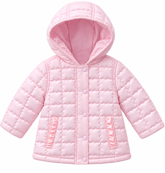 Girls Pink Quilted Hooded Coat – Ruffle Pocket Jacket